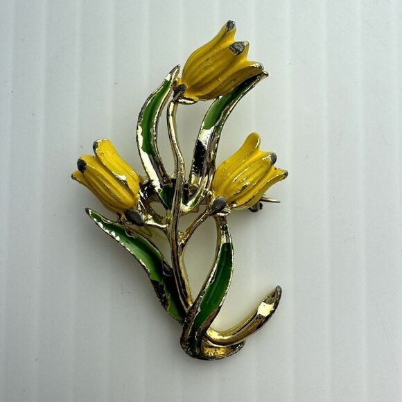 Signed Jerrys Enamel Yellow Flower Brooch Pin Tulip Garden Gold Tone - Picture 2 of 7